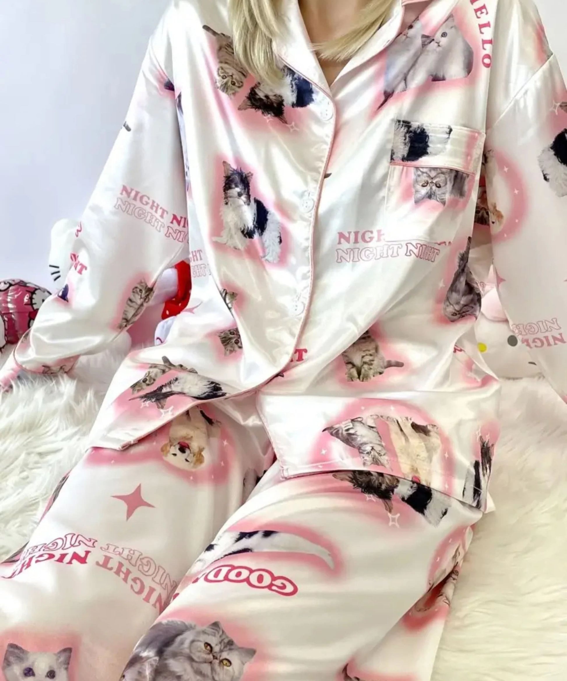 Cute kitty-themed satin pajamas, perfect sleepwear for cat lovers