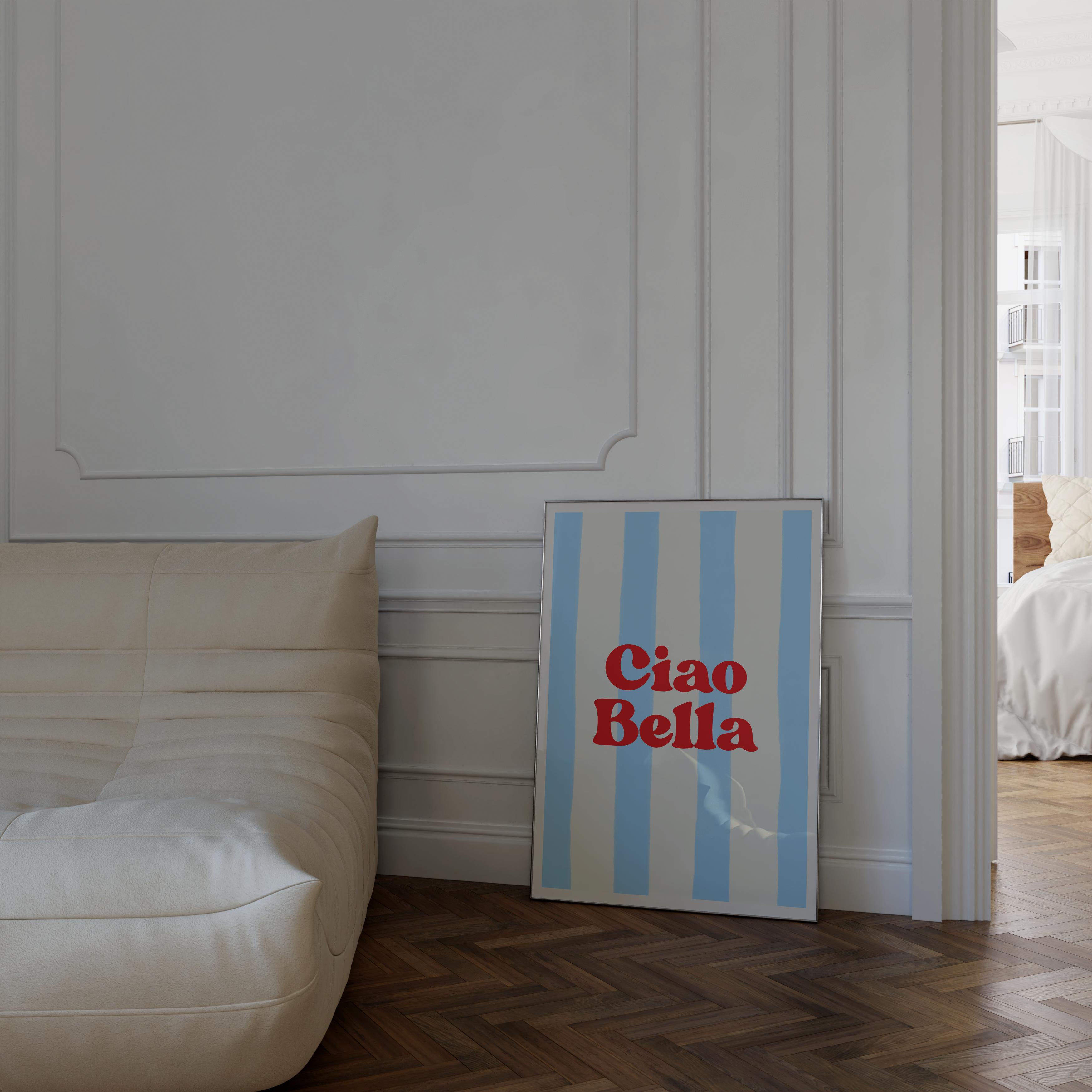 Blue striped Ciao Bella digital poster with red typography, perfect for coastal wall decor