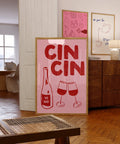 Cin Cin wine print in pink and red for bar cart decor