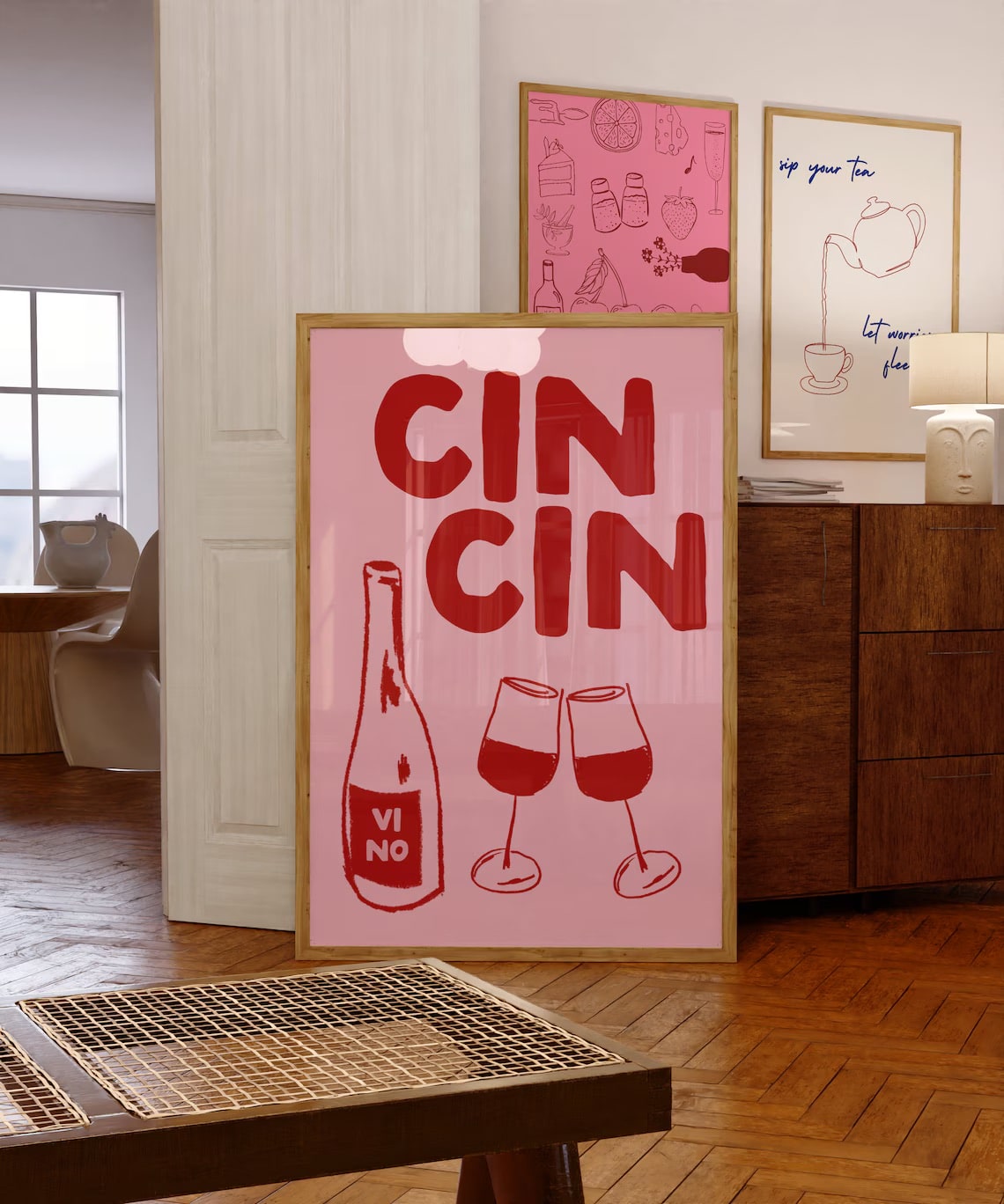 Cin Cin wine print in pink and red for bar cart decor