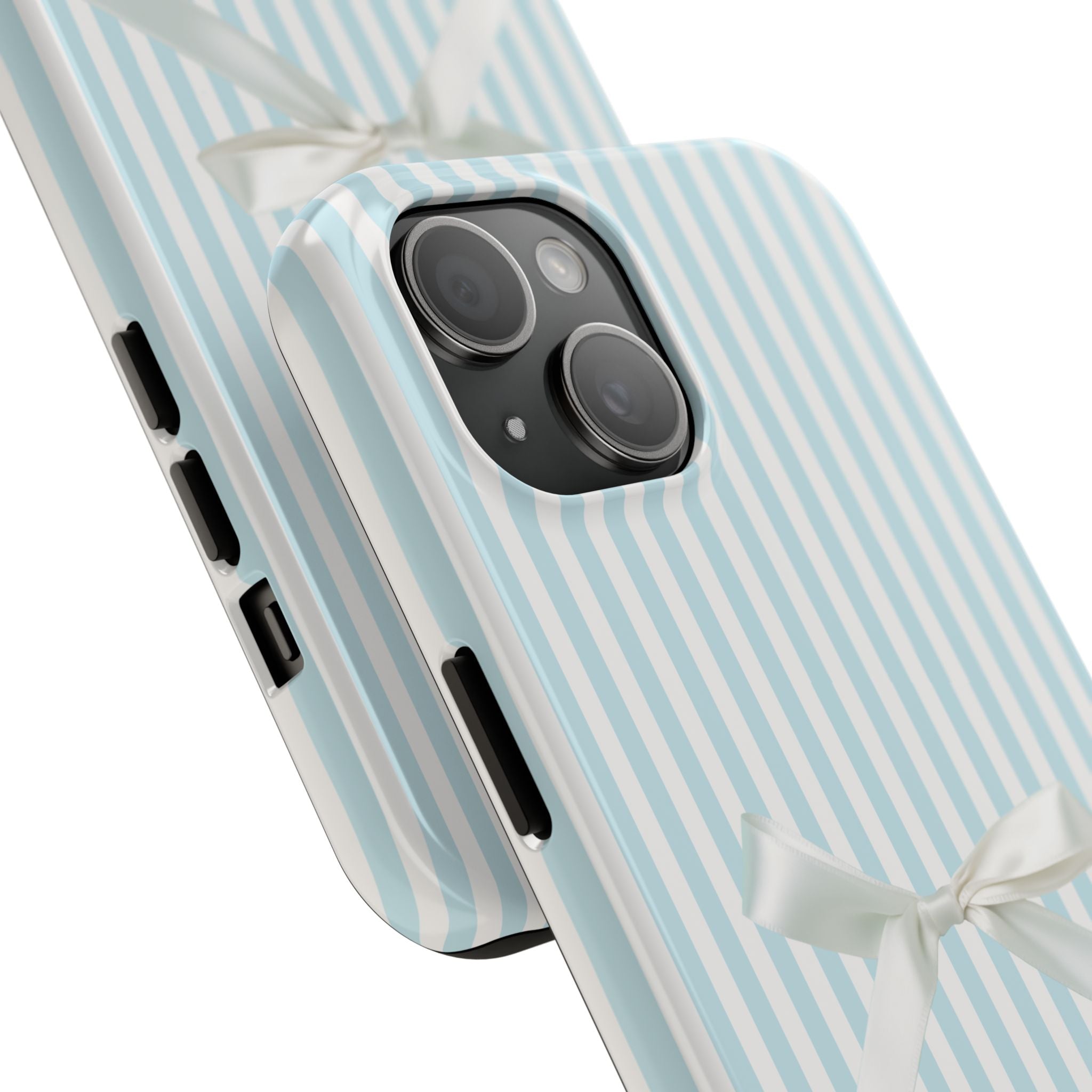 Phone case with blue and white striped design and bow on a white background