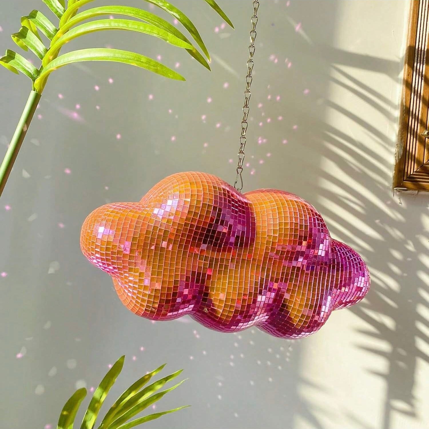 Pink cloud disco ball with mirror tiles – perfect dopamine decor.