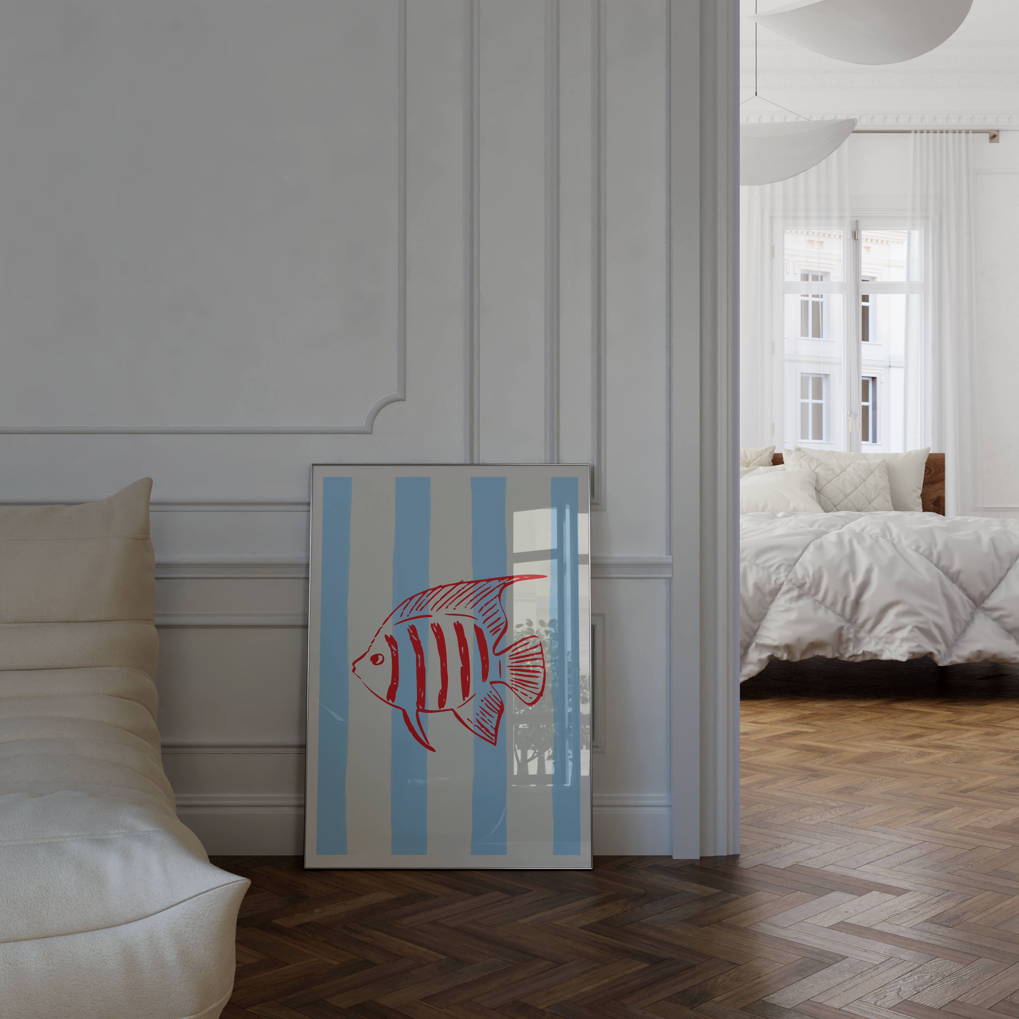 Preppy beach aesthetic poster of a red bikini drying on a clothesline, ideal for summer dorm decor.