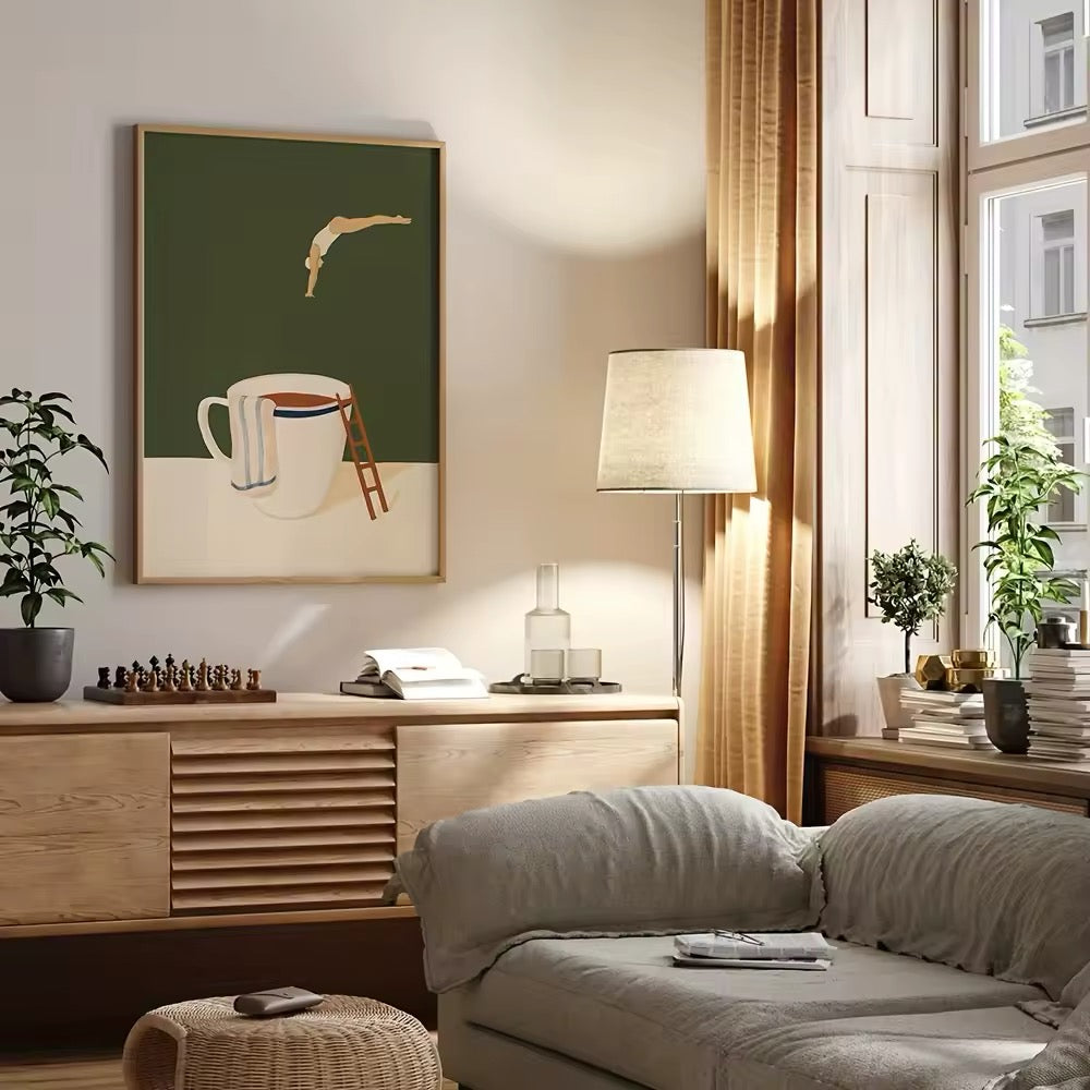 The poster framed and placed in a dining area, complementing rustic décor.