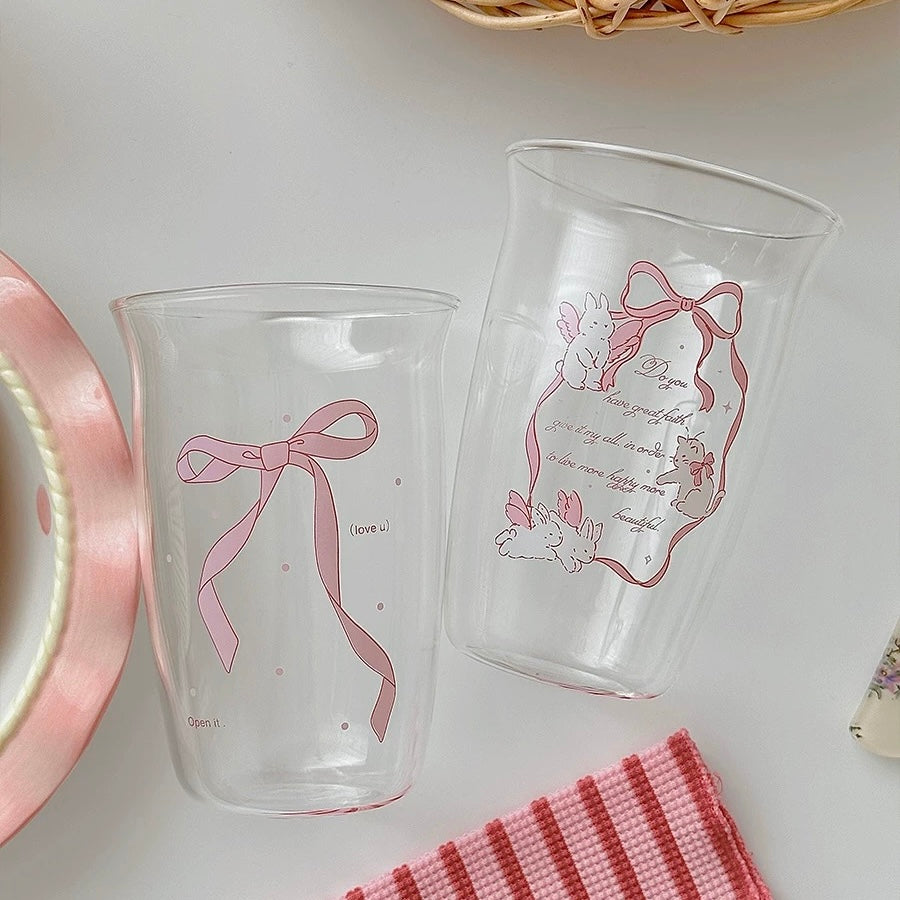 Elegant Korean glass tumbler – pink bowknot for coffee