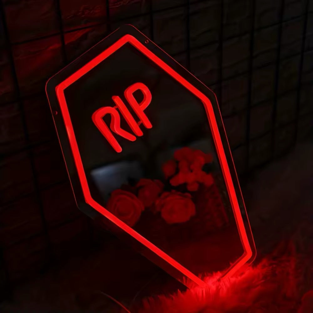 Coffin-shaped LED neon sign for Halloween and gothic room design.