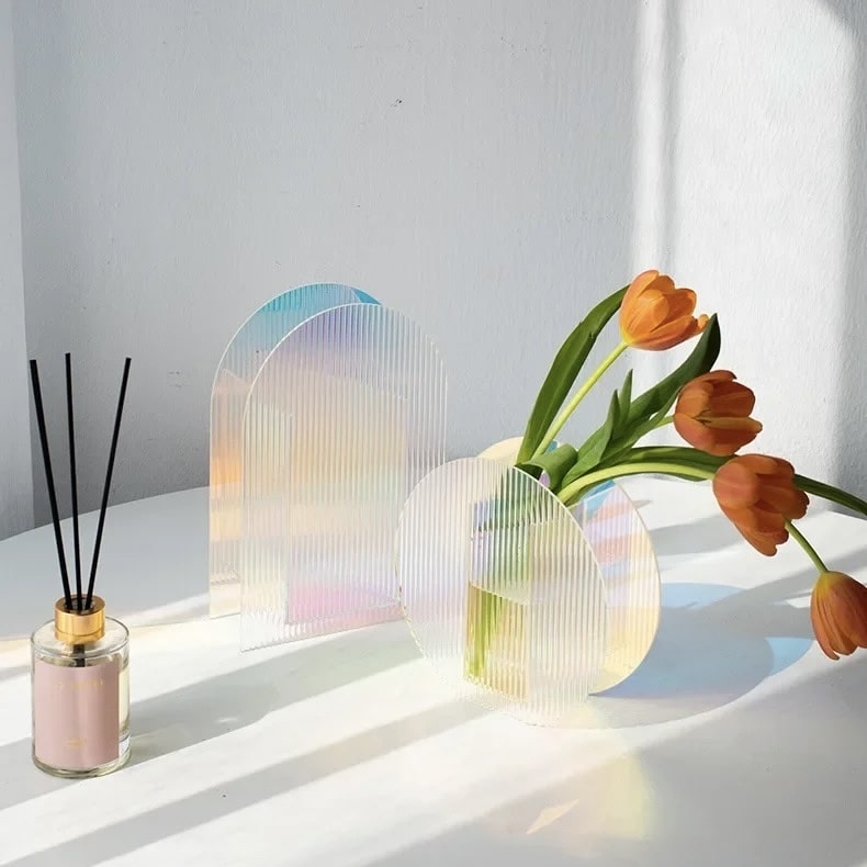 Holographic rainbow acrylic flower vase with geometric design