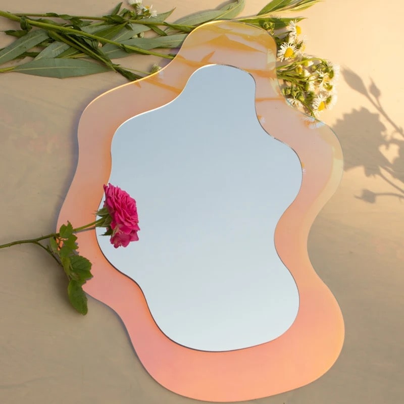 Iridescent acrylic blue wavy mirror for modern decor