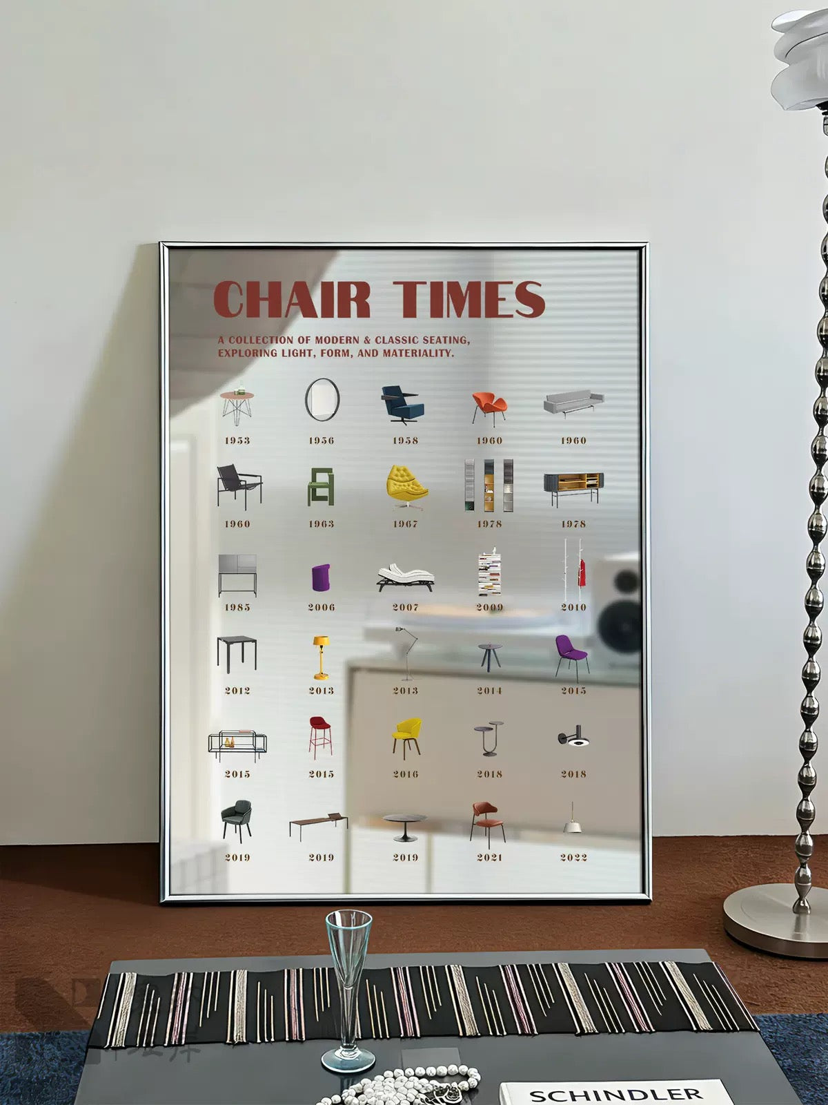 A framed wall poster titled 'CHAIR TIMES' leaning against a wall in an interior setting. The poster features a grid of vintage chair illustrations with years and names beneath them.