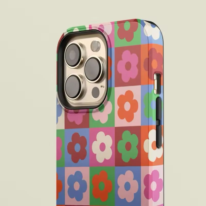 Bright grid floral pattern with soft glossy acrylic finish adds retro style to this iPhone case