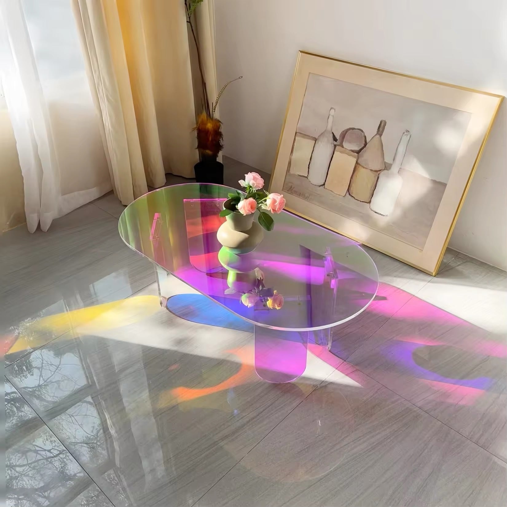 Tatahance Modern Rainbow Color Glass Coffee Table Round Side Coffee Table