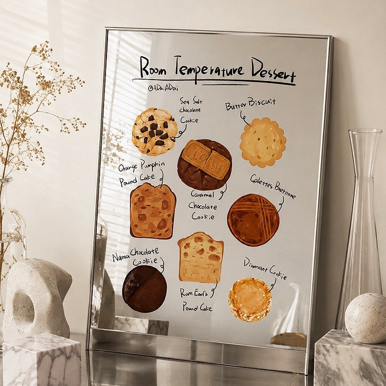 A framed vertical art print titled 'Room Temperature Dessert' leaning against a wall in a styled interior. The print features illustrated cookies and cakes with handwritten labels, set in a silver frame on a reflective surface.