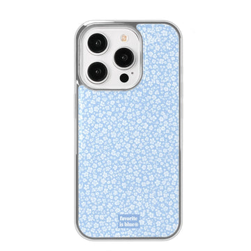 Phone case with blue floral pattern and 'favorite is blue' text on a white background