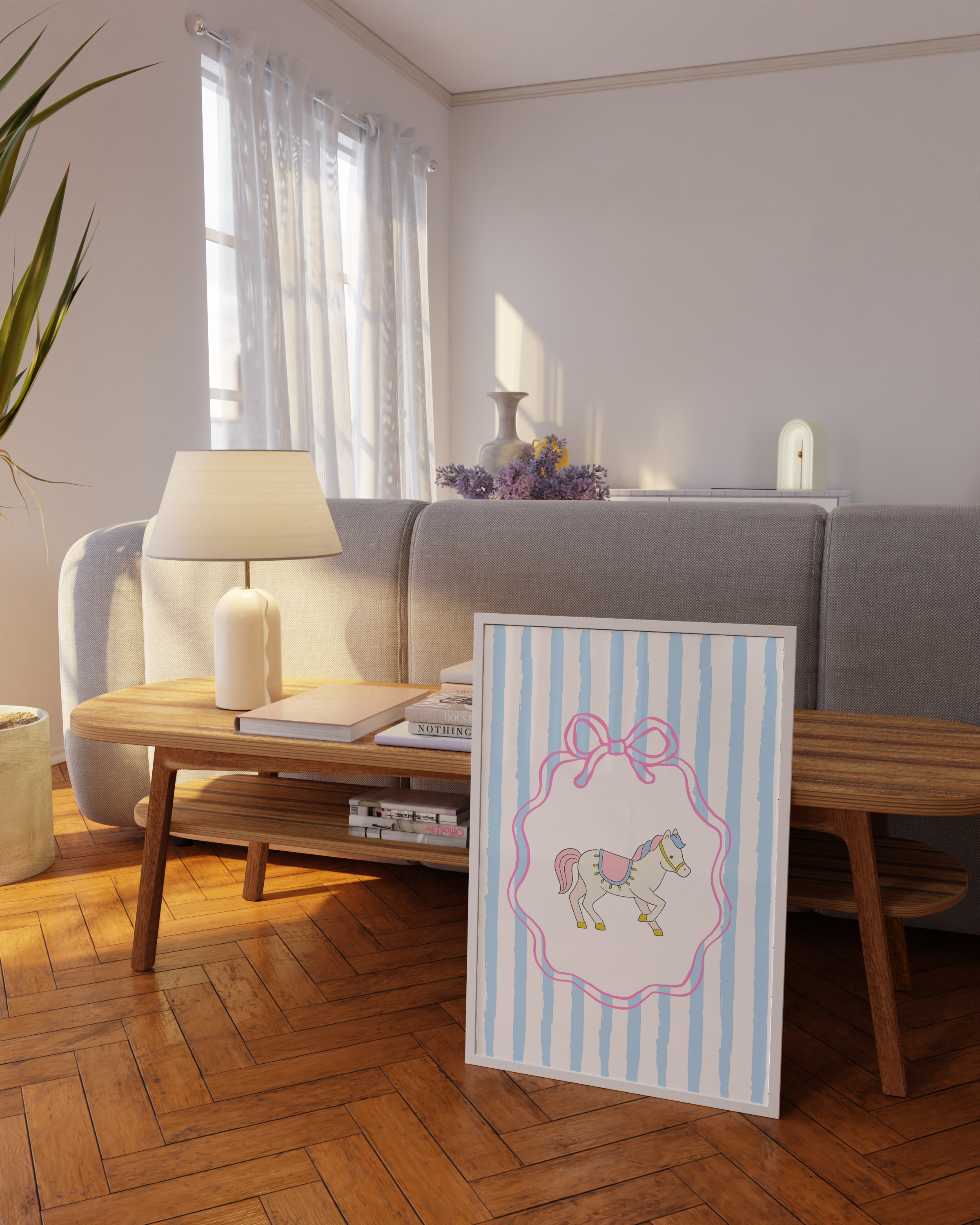 Whimsical circus-themed nursery print in soft pastel colors for a dreamy girls' room makeover.