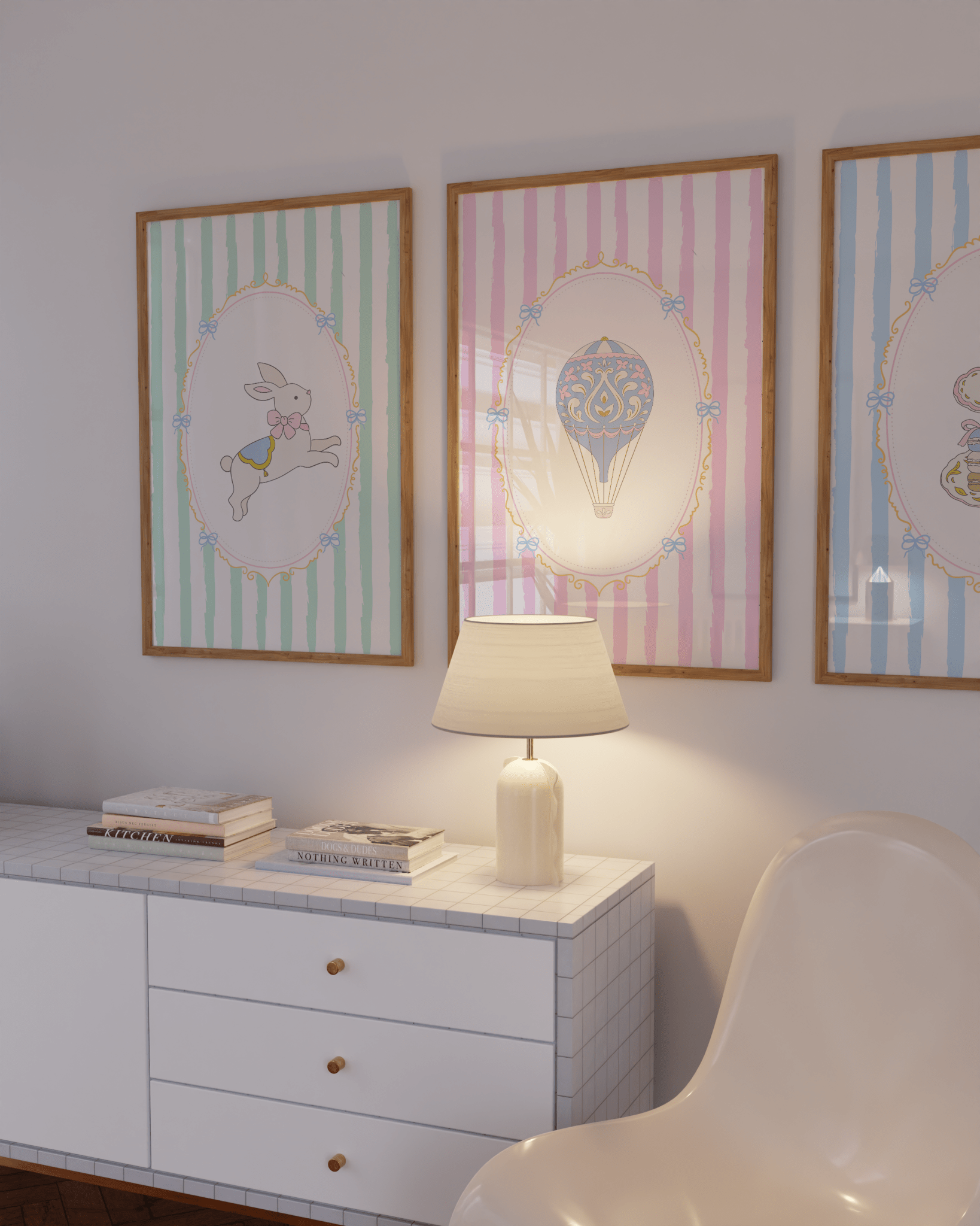 Coquette nursery wall art featuring bunny and carousel prints