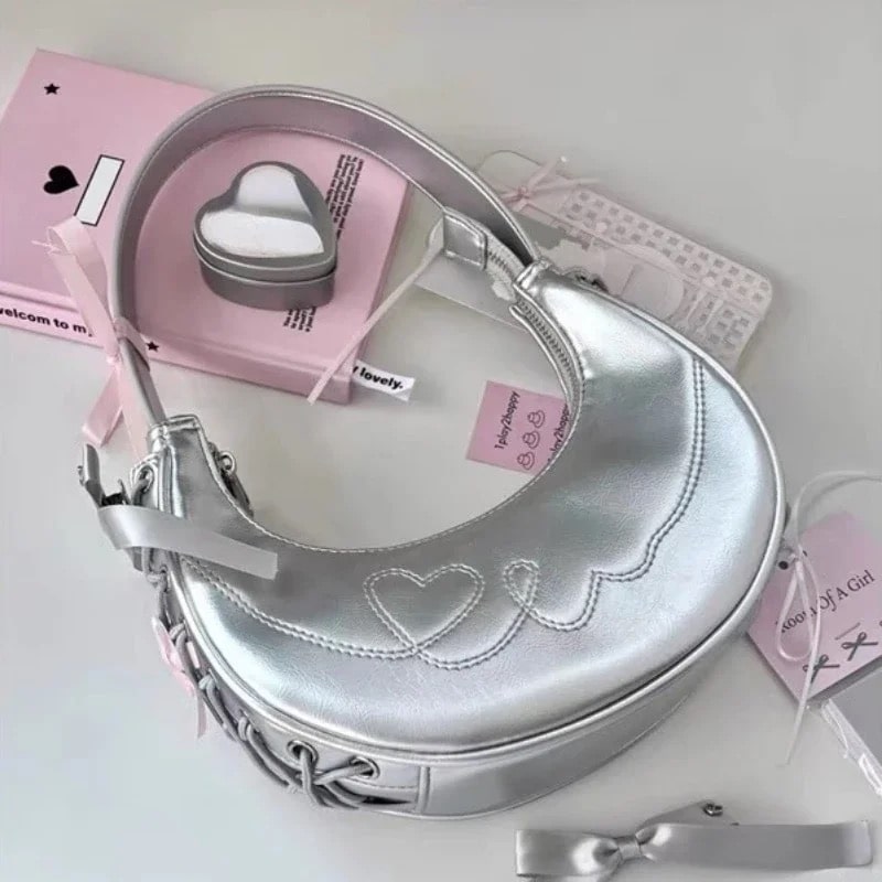 Y2K Korean Silver Bag - Coquette Soft Girl Half Moon Handbag