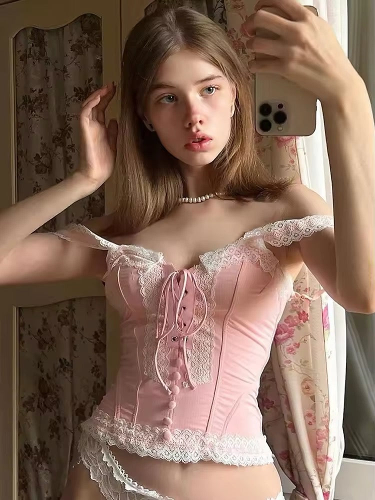 Soft girl aesthetic tank top with pink lace patchwork and corset-style detail