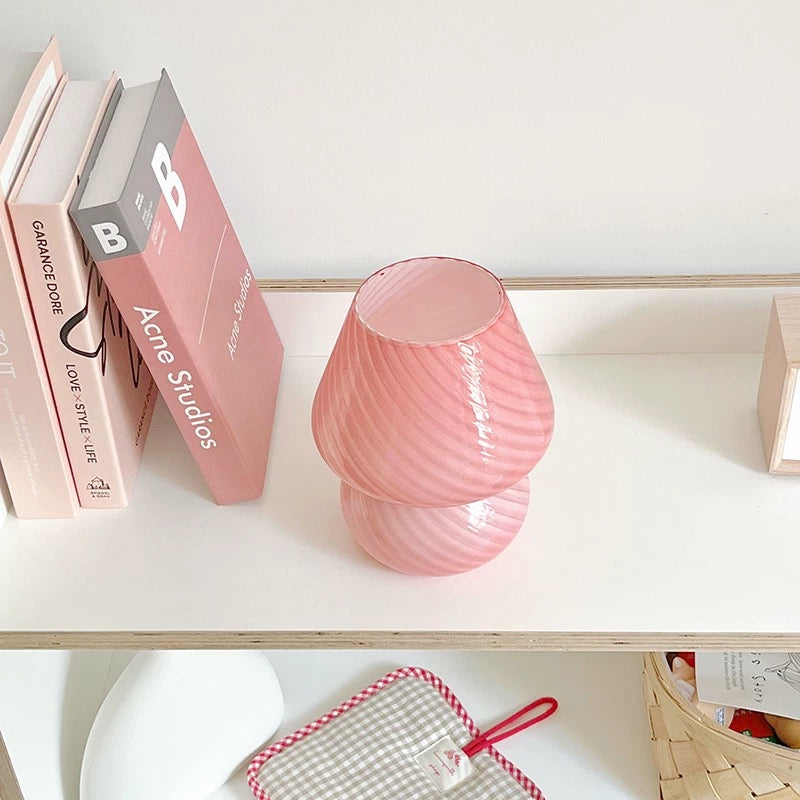 Soft girl coquette bedroom table lamp with a mushroom shape and striped Murano glass design. Ideal for modern home decor.