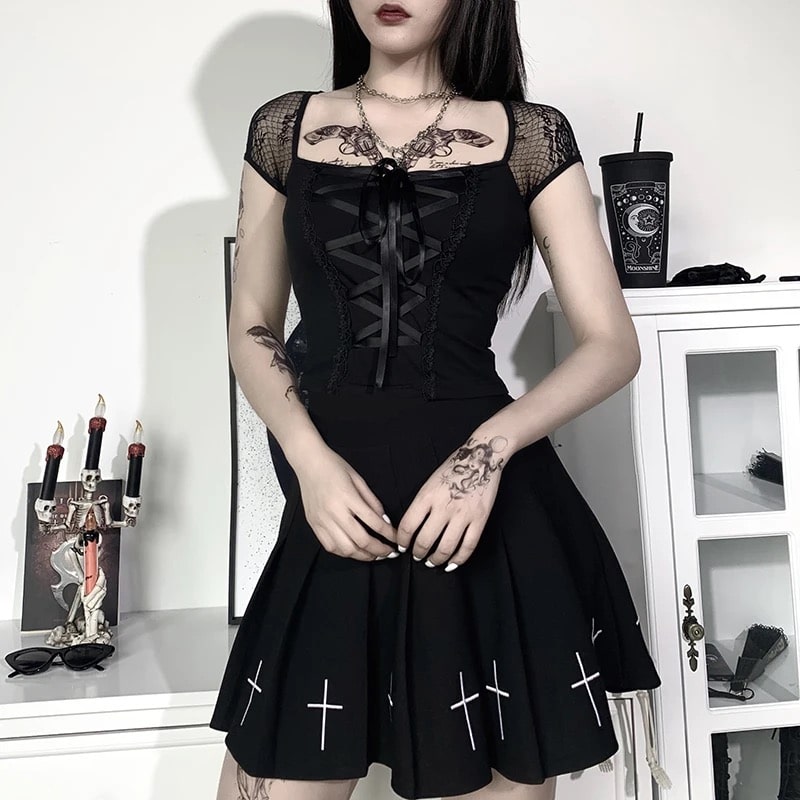 Lolita black gothic crop top with lace and bandage details