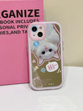 Coquette iPhone Case with white cat and built-in makeup mirror, Y2K aesthetic