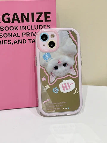 Coquette iPhone Case with white cat and built-in makeup mirror, Y2K aesthetic