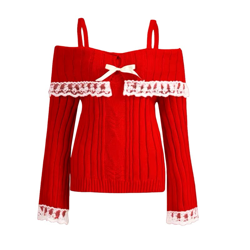 Off Shoulder Sweater | Coquette Lace Bow Knit Top – The Feelz