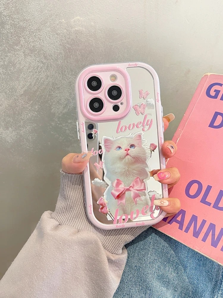 Pink cat iPhone case with bow and mirror design