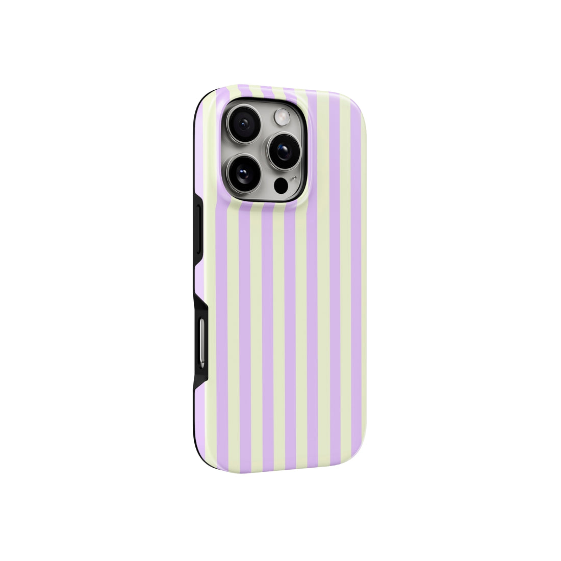 Phone case with purple and green vertical stripes on a white background