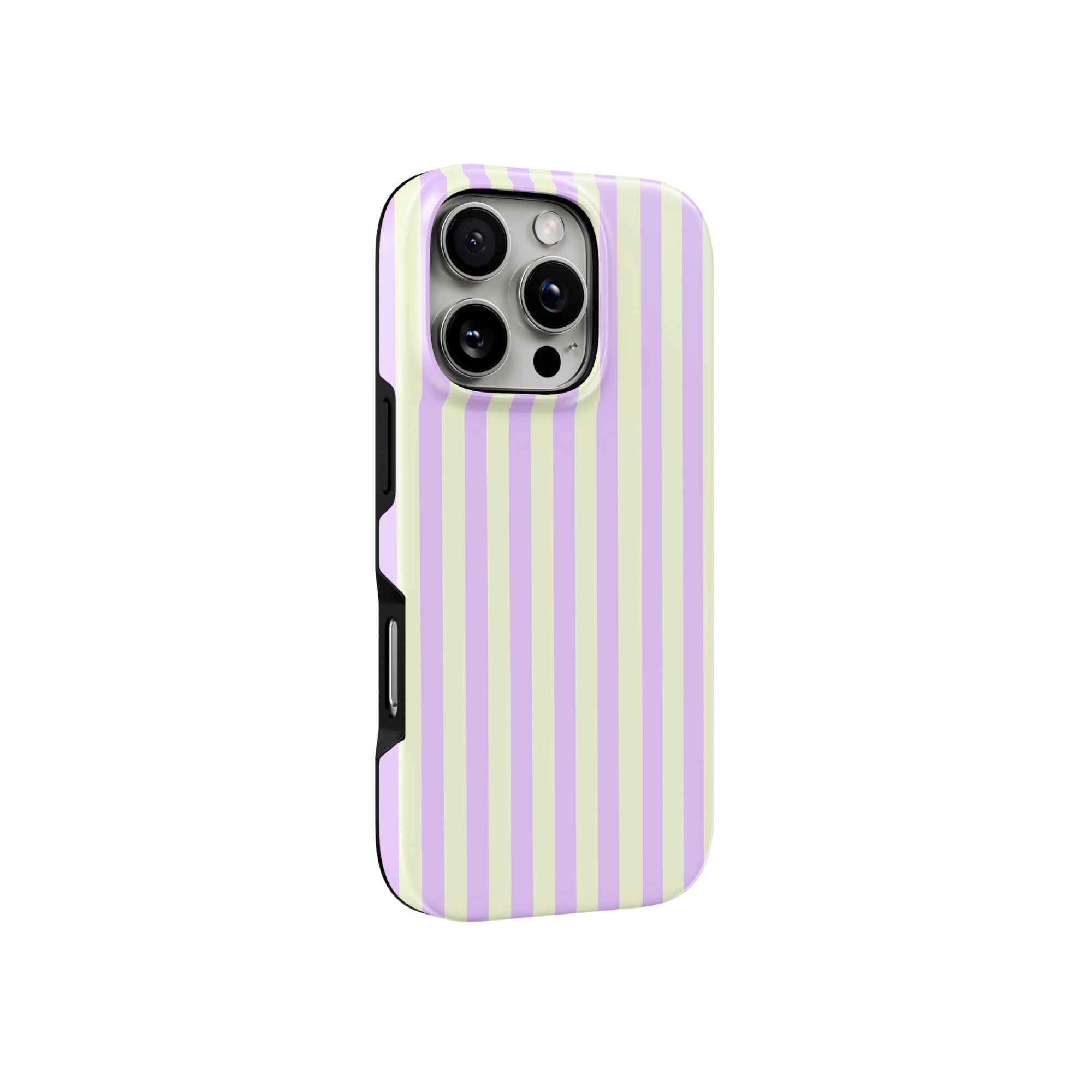 Phone case with purple and yellow vertical stripes on a white background