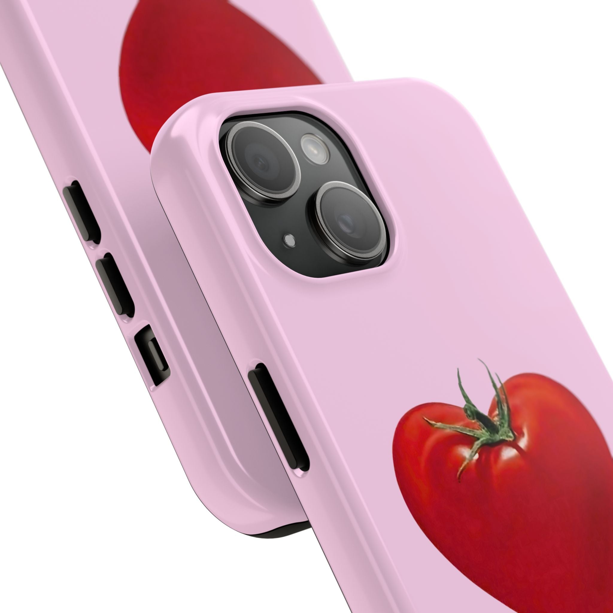 Pink phone case with a tomato design on a white background
