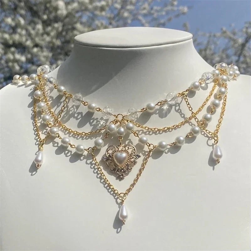 Gold pearl fairycore choker necklace with vintage-inspired charm