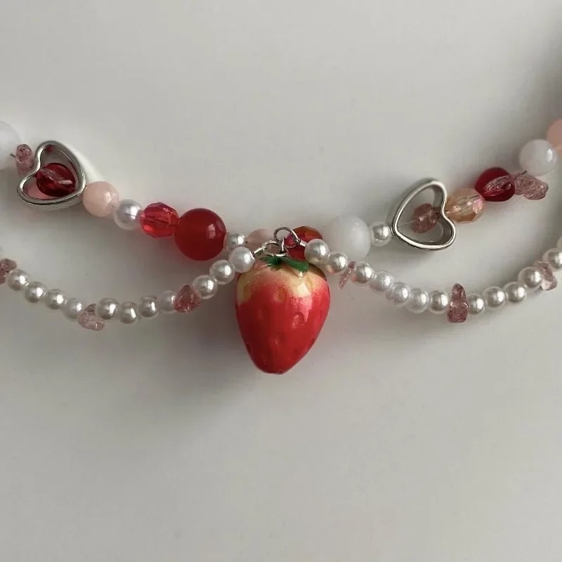 Handmade cottagecore strawberry necklace with glass beads