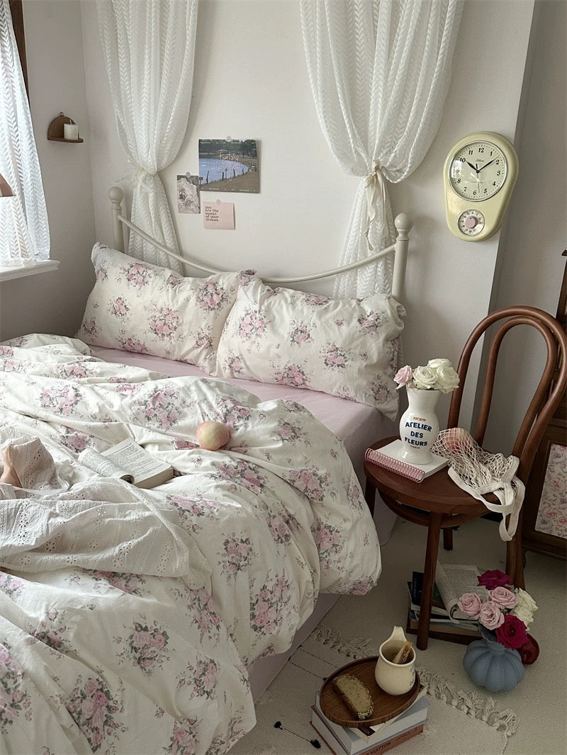 Cottagecore bedding featuring delicate pink botanical flowers adding warmth elegance softness and classic home decorating inspiration beautifully.
