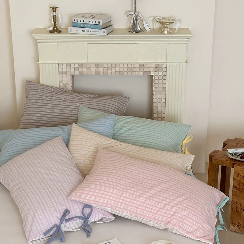 Aesthetic Korean-style striped pillow sham in pink, soft cotton for dreamy rooms.