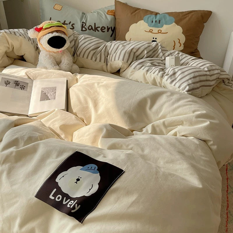 College dorm bed styled with Korean cute bedding and cotton pillows
