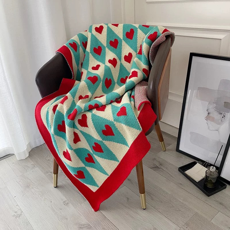 Romantic Nordic Blanket – Front View of Cozy and Decorative Love Colored Knitted Blanket for Home Decor and Sofa