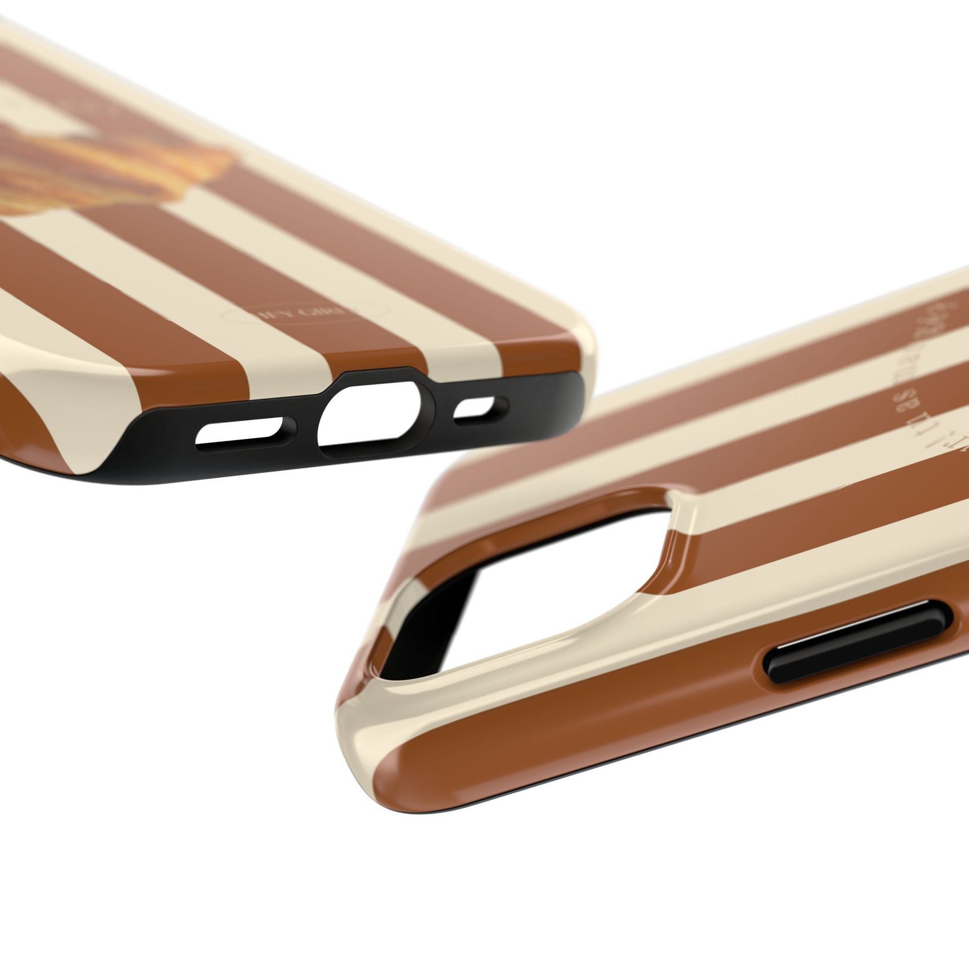 Brown striped glossy iPhone case with soft-touch finish and Paris bakery vibe