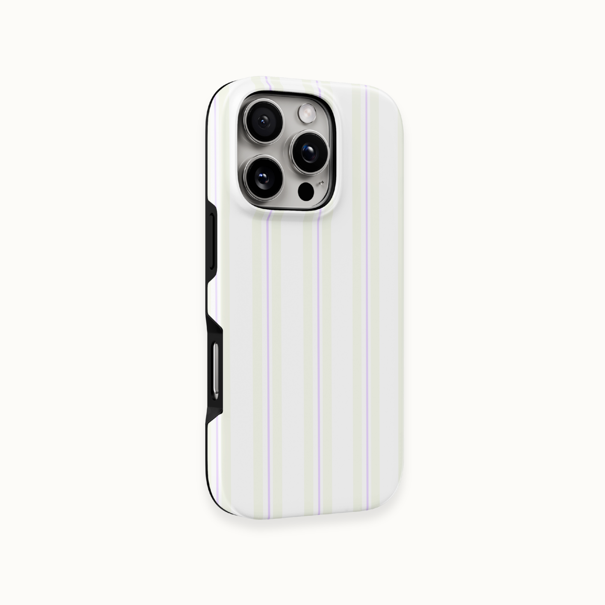 A white phone case with thin vertical light blue and purple pinstripes, shown on a light off-white background.