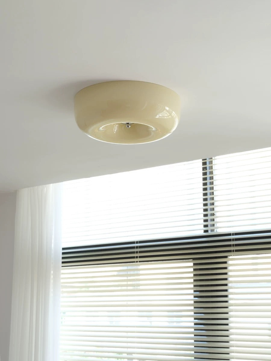 Ceiling light fixture in a room with window blinds