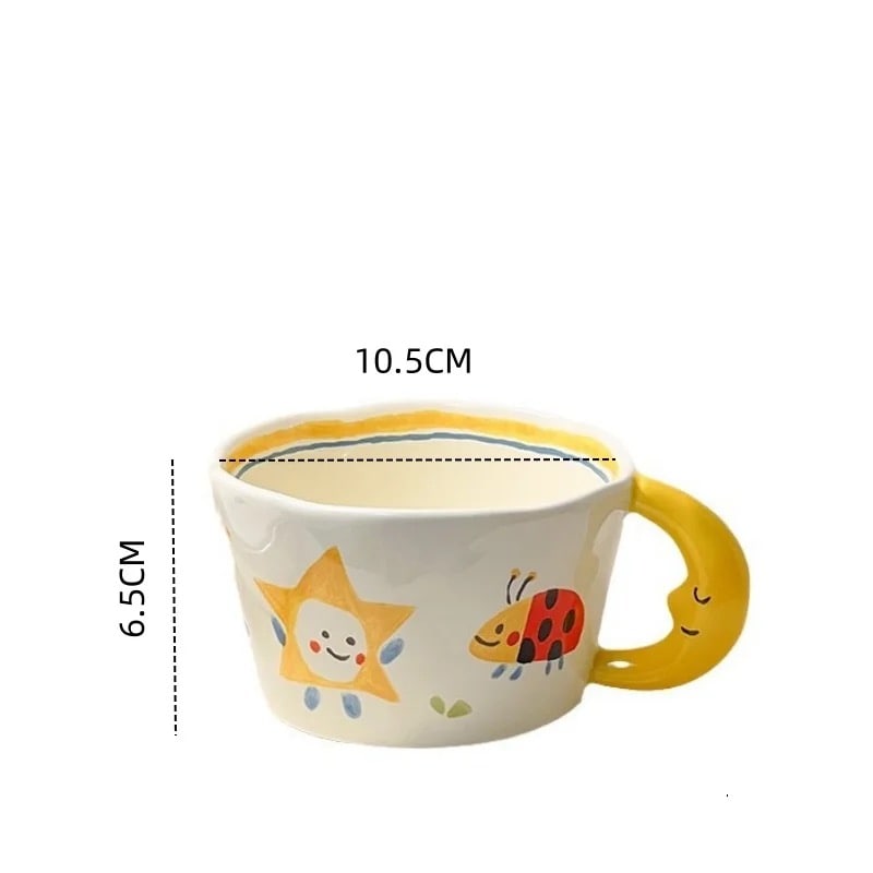 Cute yellow ceramic mug with ladybug and dog patterns. Durable and heat-resistant Korean style coffee cup.