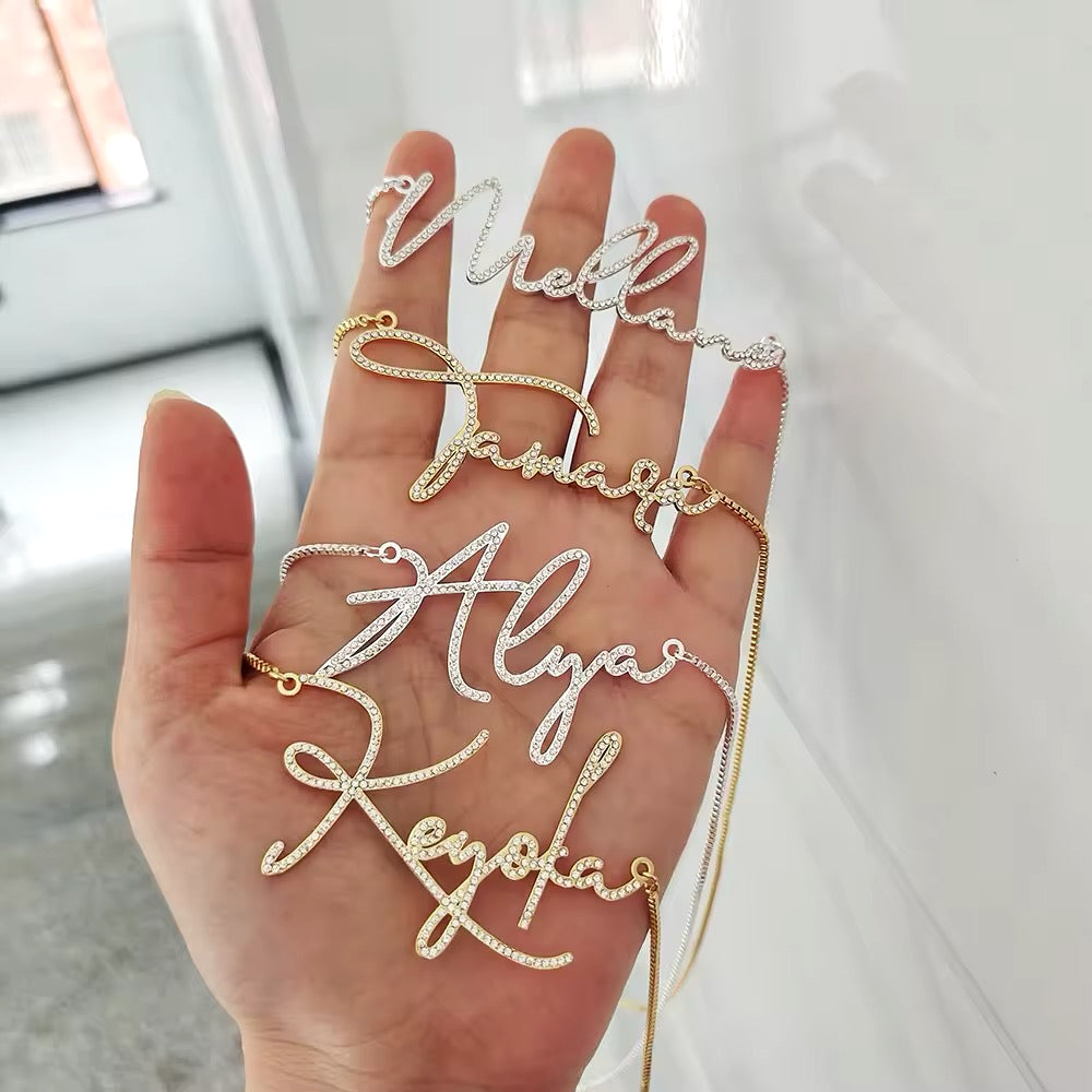 Custom diamond name necklace with crystal accents in gold