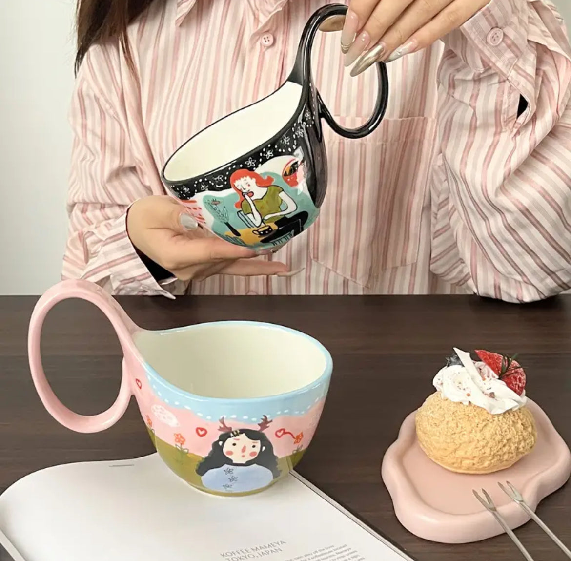 Custom aesthetic ceramic mug with girl painting, ideal for tea lovers and coffee enthusiasts.