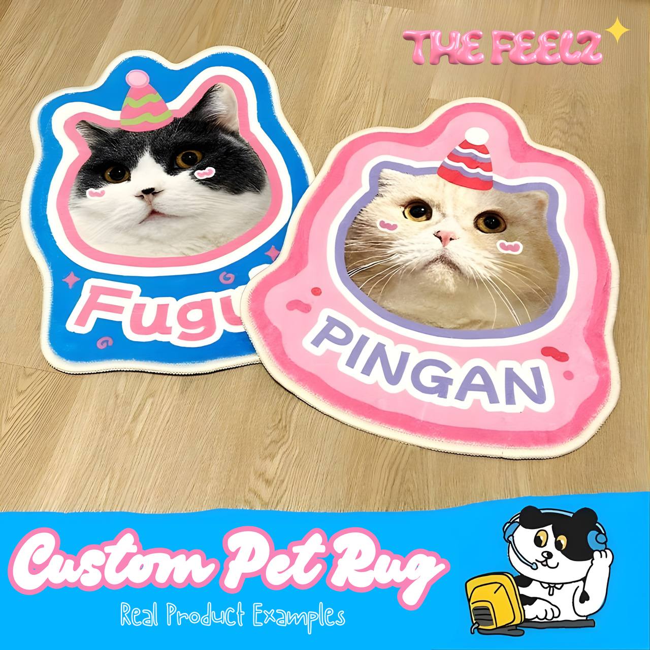 Two custom pet rugs with cat faces on a wooden surface, branded 'The Peelz'.
