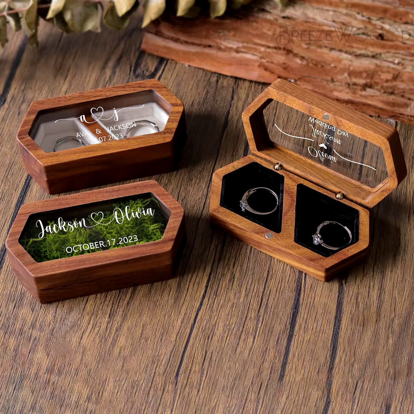 Custom engraved wooden ring holder for weddings