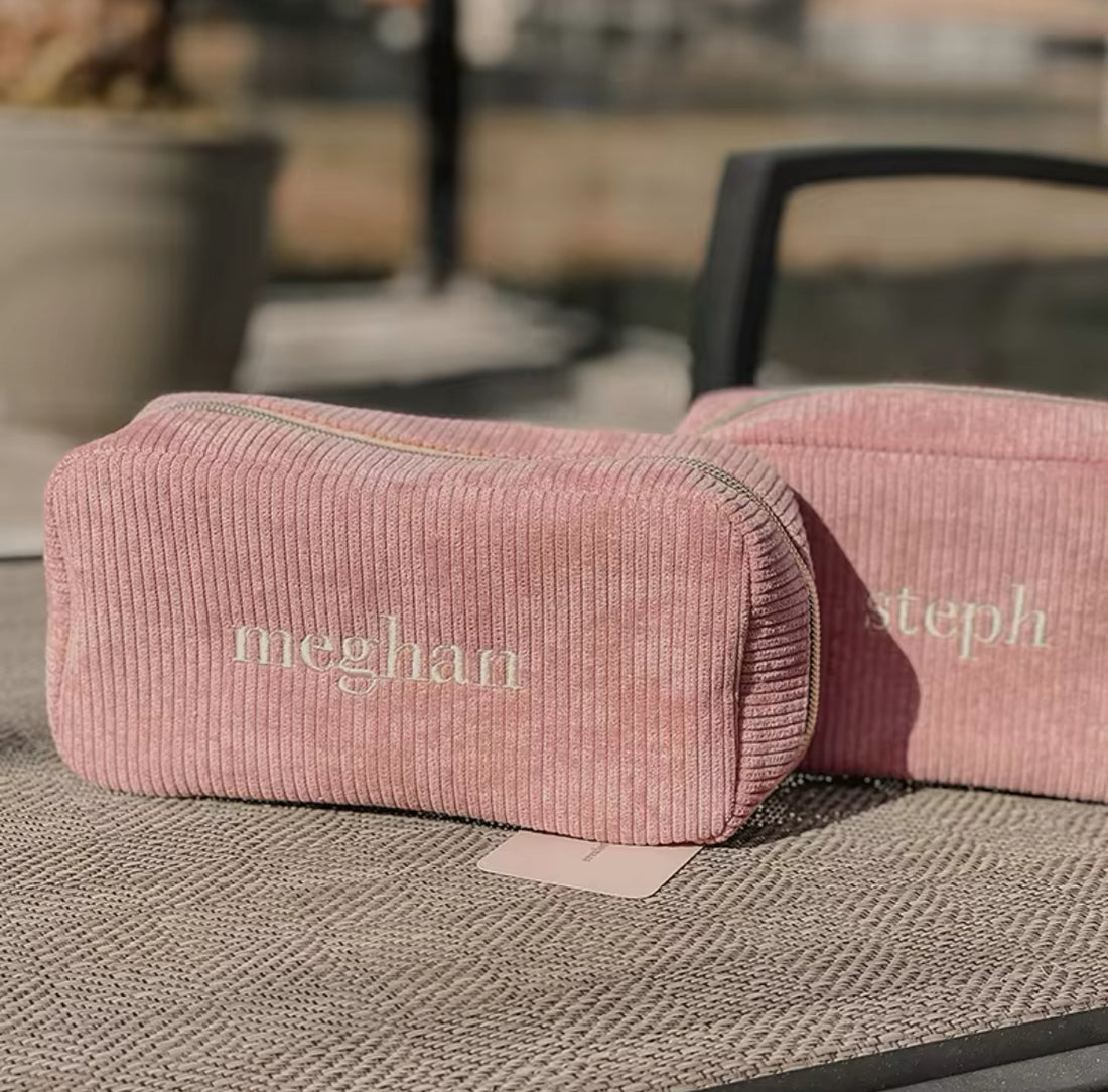 Personalized cosmetic bag with name in preppy pink