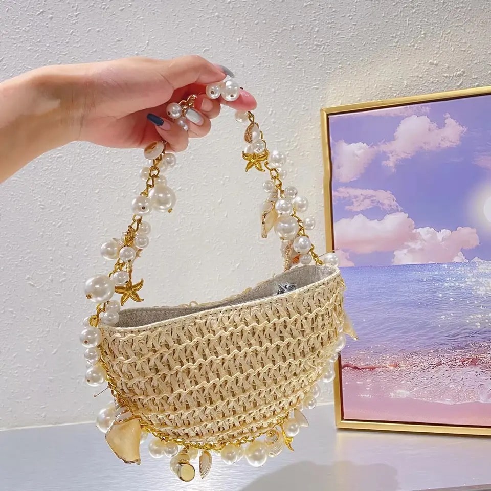 Custom boho straw bag with pearls