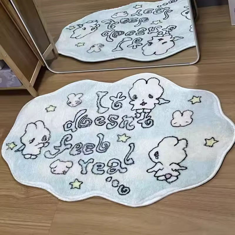 Two cartoon-themed coasters with characters and text on a wooden surface.