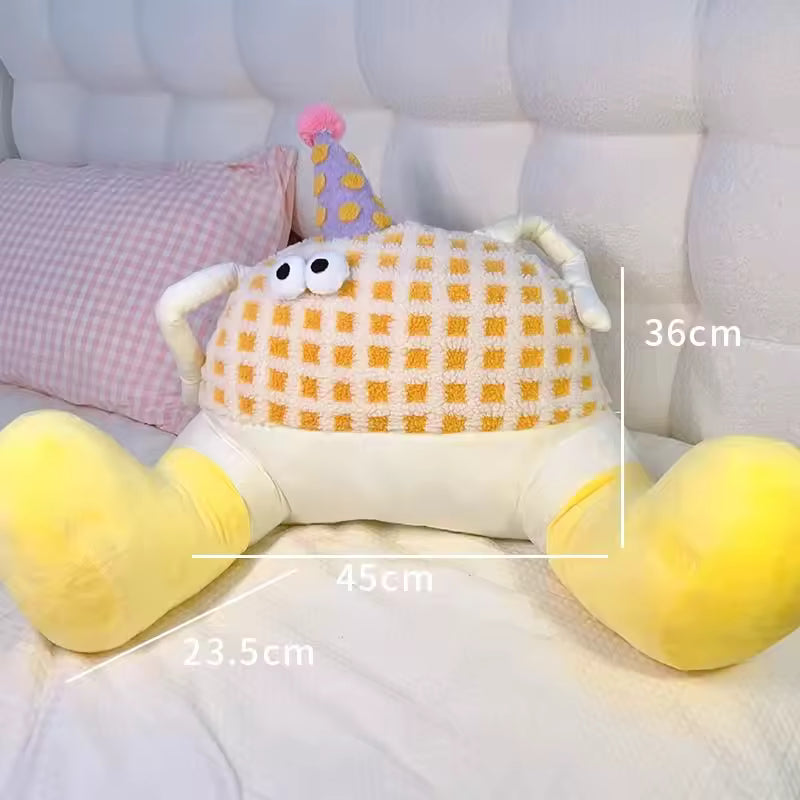 Plush toy with measurements on a soft white background