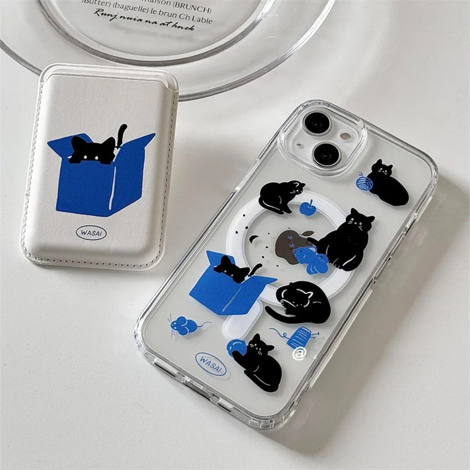 Cute Korean Y2K wallet case with cat design for iPhone models. Magsafe-compatible soft silicone cover for modern and functional style.