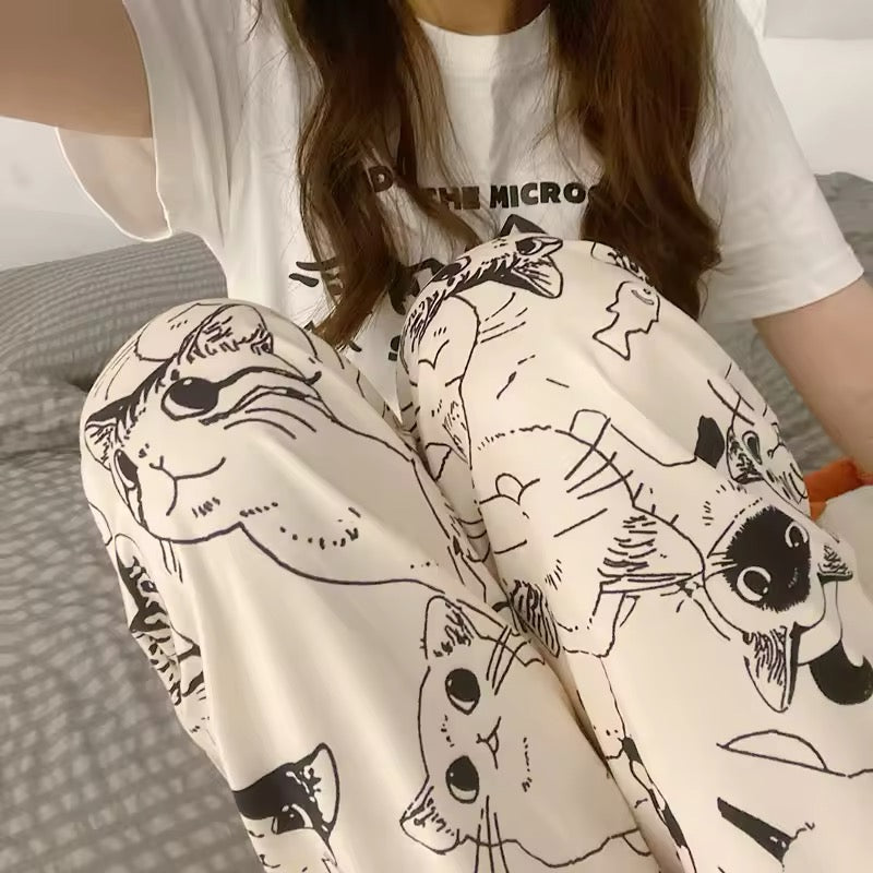 Cute cat pajama pants for women with a cartoon print design